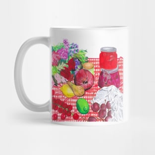 Fruits, Jars, and Flowers on red gingham tablecloth Mug